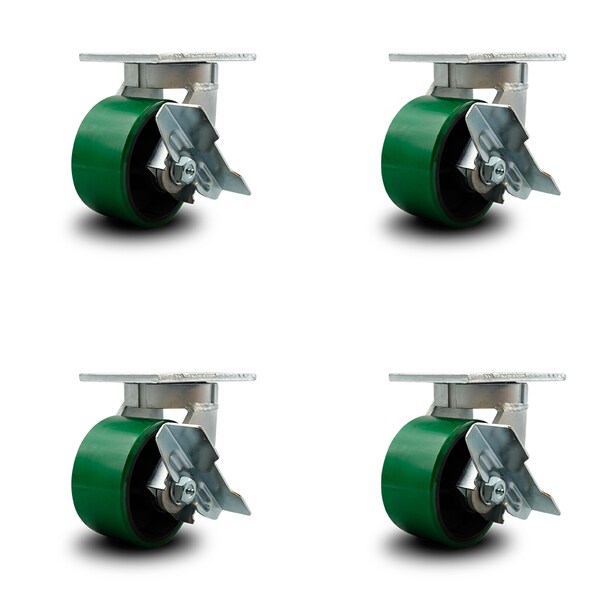 6 Inch Heavy Duty Green Poly on Cast Iron Swivel Caster Set with Brakes, 4PK